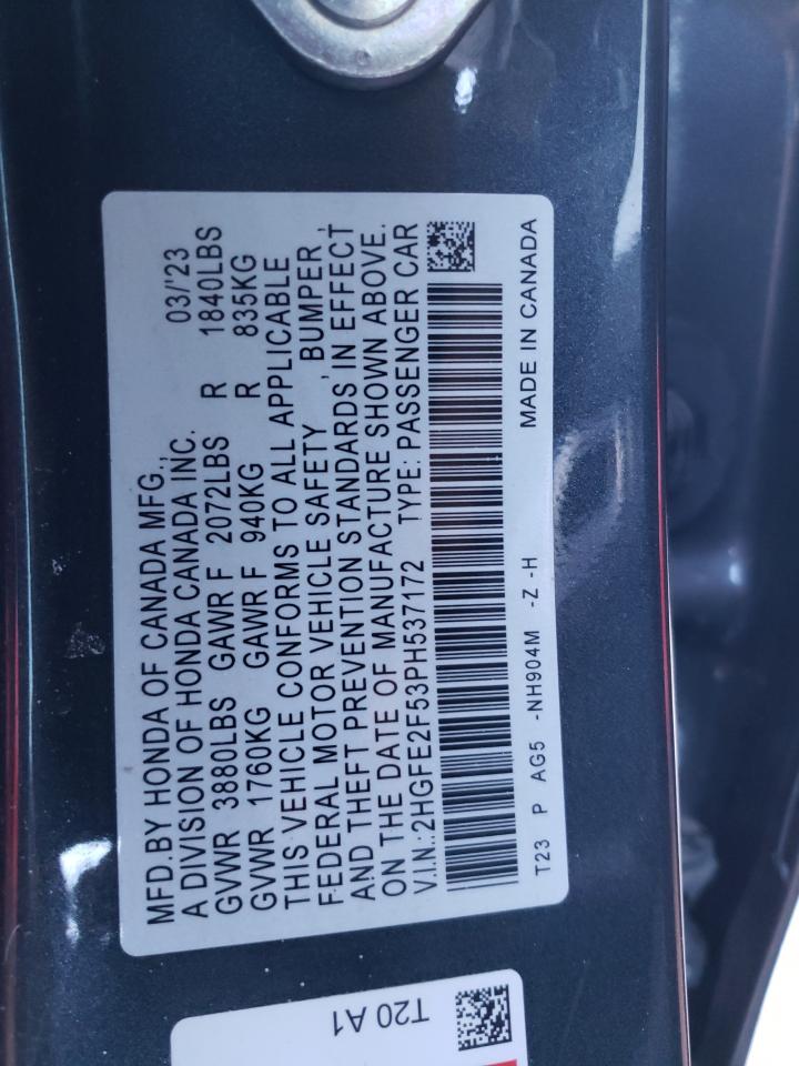 2023 HONDA CIVIC SPORT VIN:2HGFE2F53PH537172