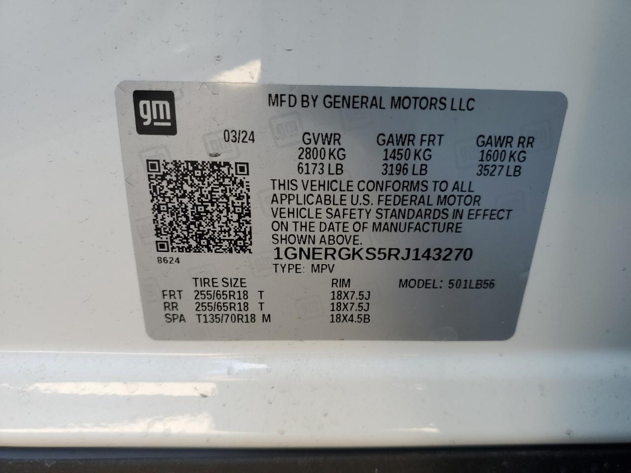 2024 CHEVROLET TRAVERSE LT VIN:1GNERGKS5RJ143270