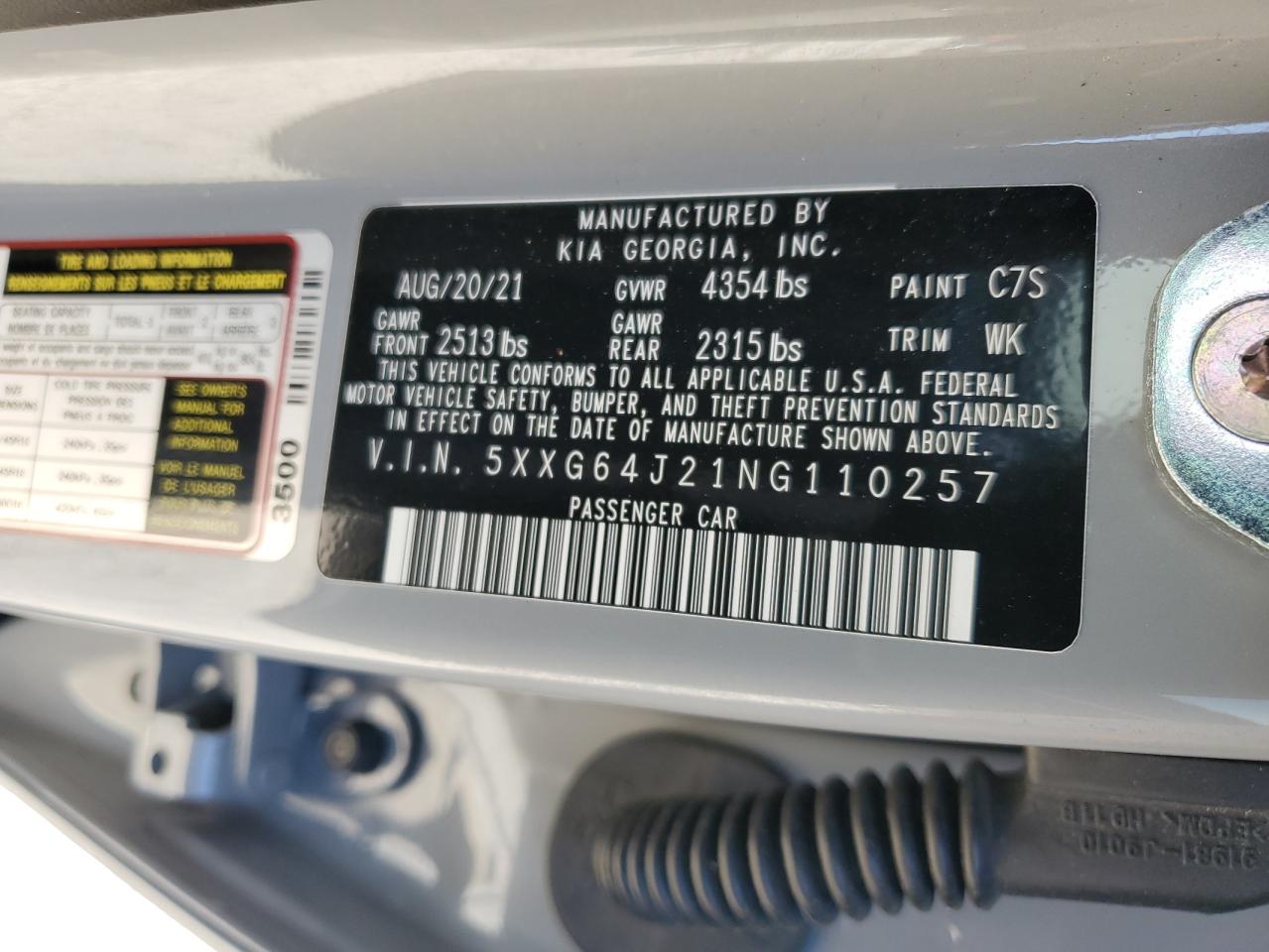 2022 KIA K5 GT LINE VIN:5XXG64J21NG110257