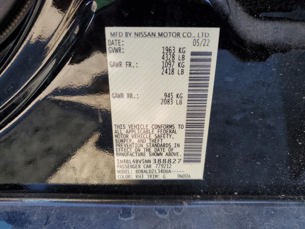 2022 NISSAN ALTIMA S VIN:1N4BL4BV5NN388827
