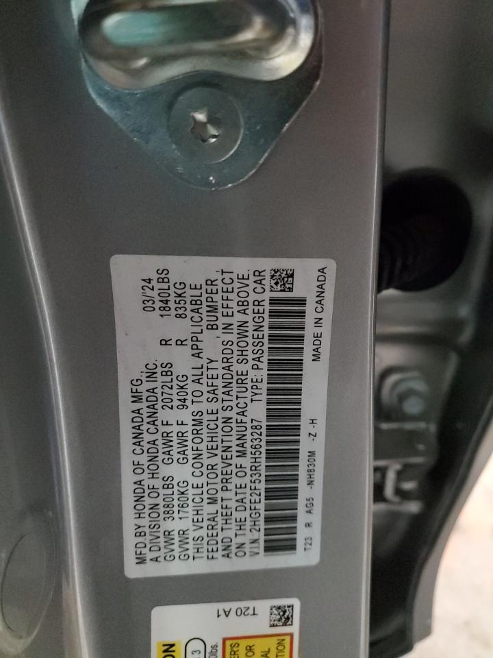 2024 HONDA CIVIC SPORT VIN:2HGFE2F53RH563287