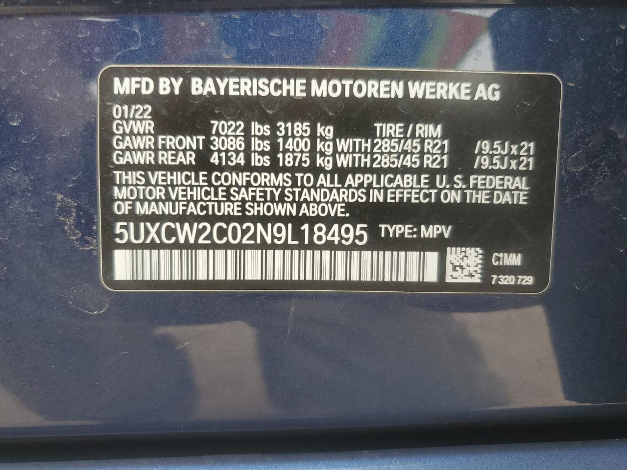 2022 BMW X7 XDRIVE40I VIN:5UXCW2C02N9L18495