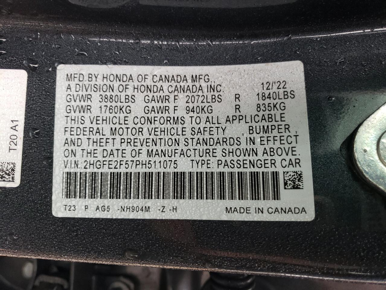 2023 HONDA CIVIC SPORT VIN:2HGFE2F57PH511075