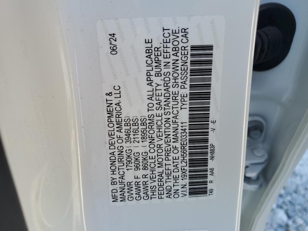 2024 HONDA CIVIC LX VIN:19XFL2H56RE033411