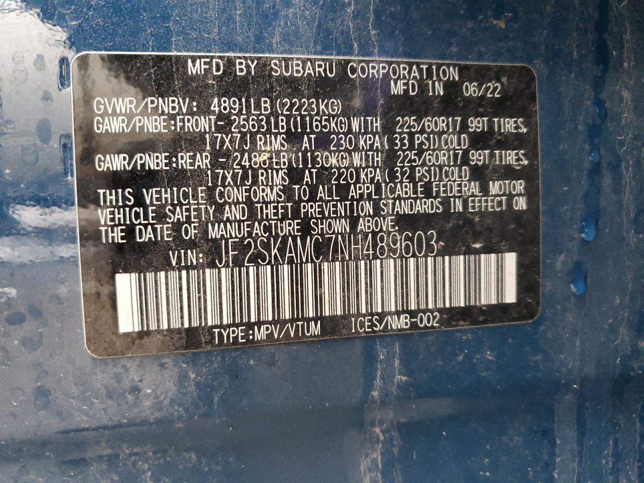 2022 SUBARU FORESTER WILDERNESS VIN:JF2SKAMC7NH489603