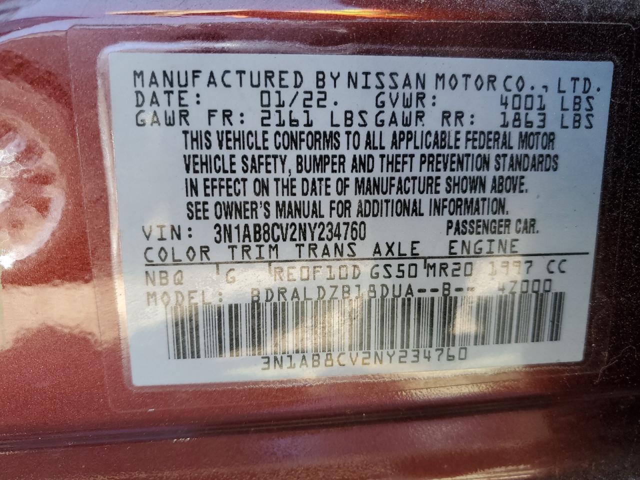 2022 NISSAN SENTRA SV VIN:3N1AB8CV2NY234760