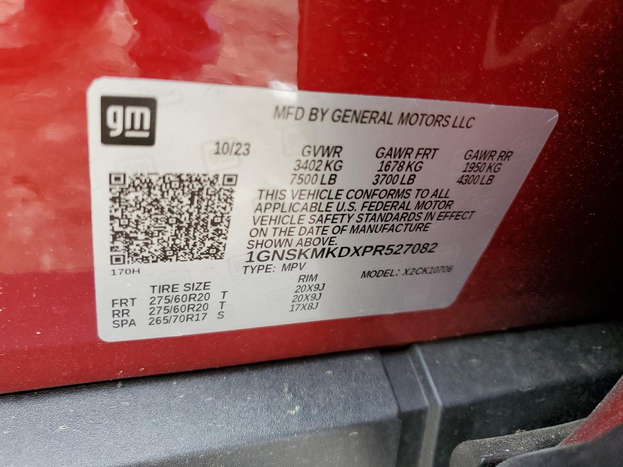 2023 CHEVROLET TAHOE K1500 LS VIN:1GNSKMKDXPR527082