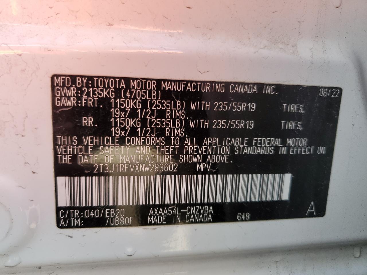2022 TOYOTA RAV4 ADVENTURE VIN:2T3J1RFVXNW283602