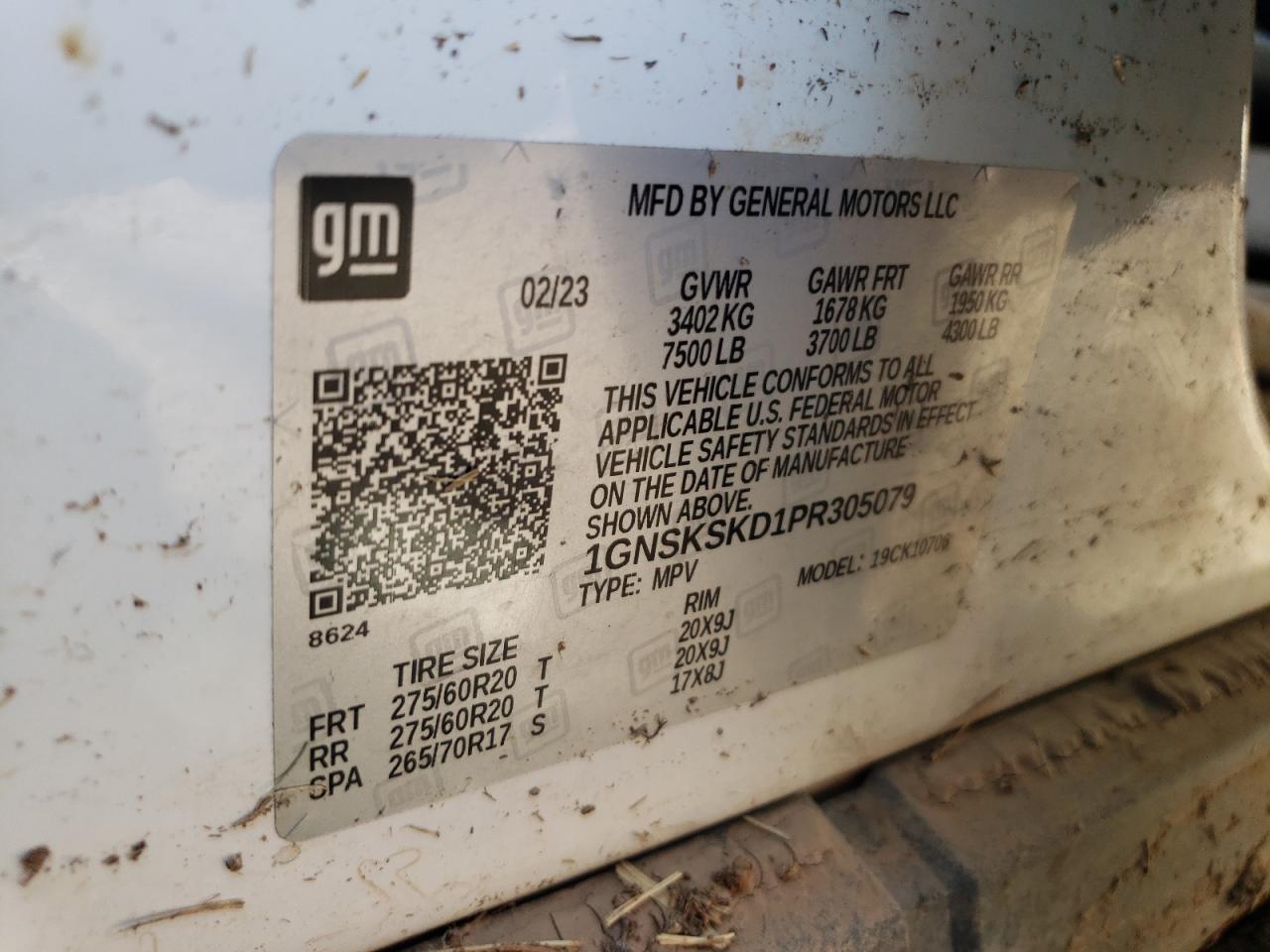 2023 CHEVROLET TAHOE K1500 PREMIER VIN:1GNSKSKD1PR305079