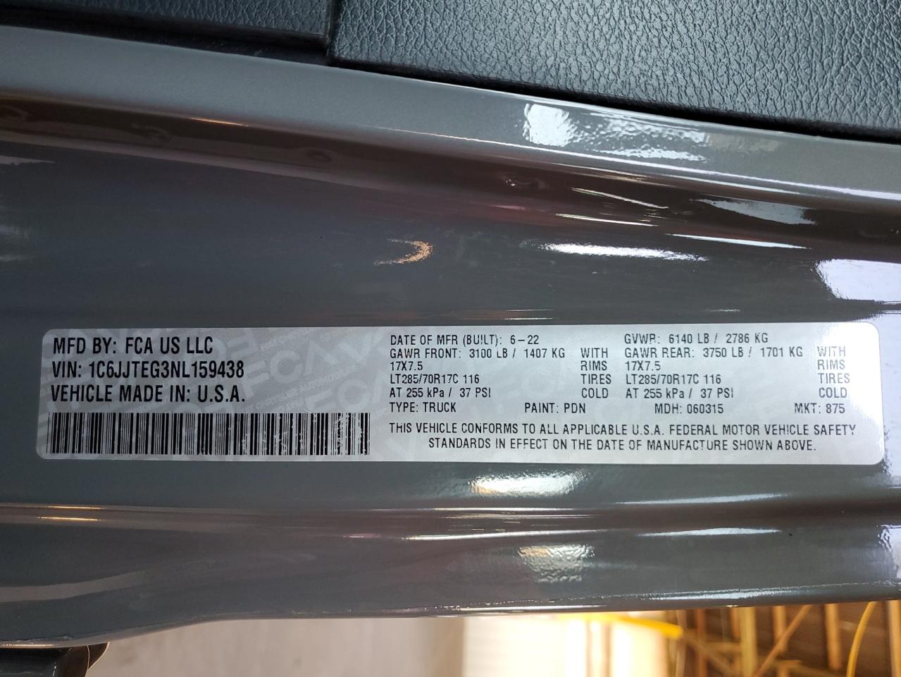 2022 JEEP GLADIATOR MOJAVE VIN:1C6JJTEG3NL159438