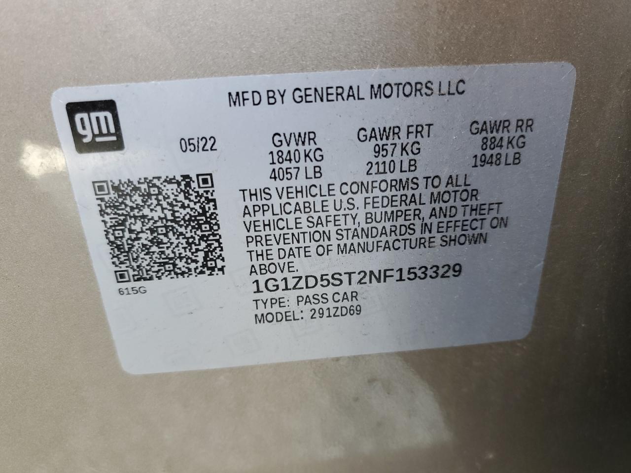 2022 CHEVROLET MALIBU LT VIN:1G1ZD5ST2NF153329