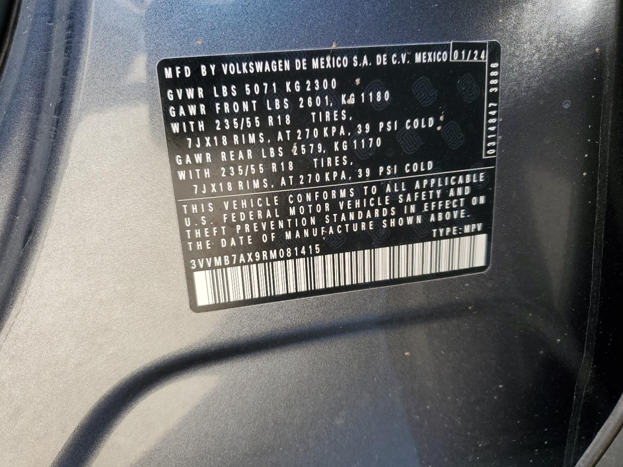 2024 VOLKSWAGEN TIGUAN SE VIN:3VVMB7AX9RM081415