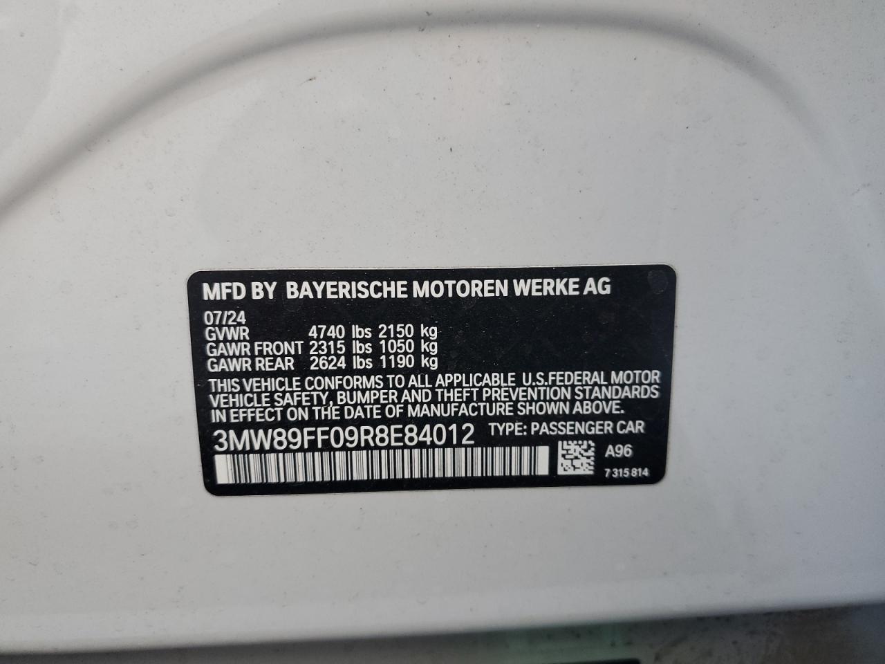 2024 BMW 330XI VIN:3MW89FF09R8E84012