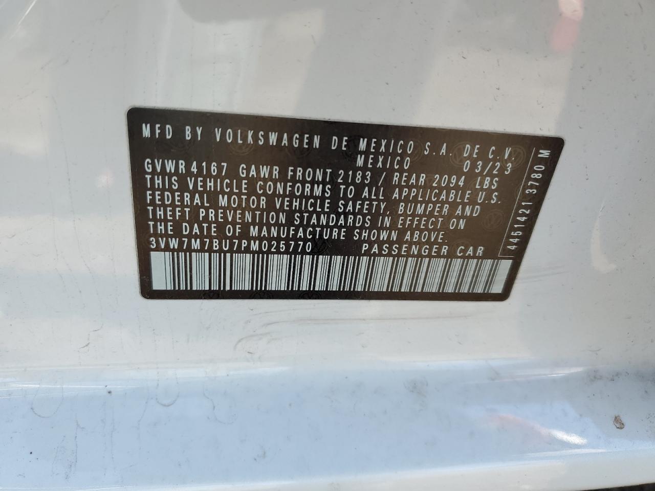 2023 VOLKSWAGEN JETTA SE VIN:3VW7M7BU7PM025770
