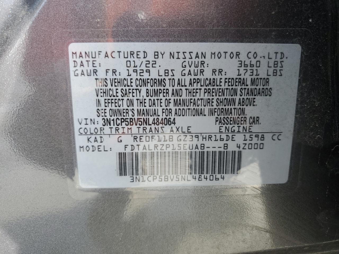 2022 NISSAN KICKS S VIN:3N1CP5BV5NL484064