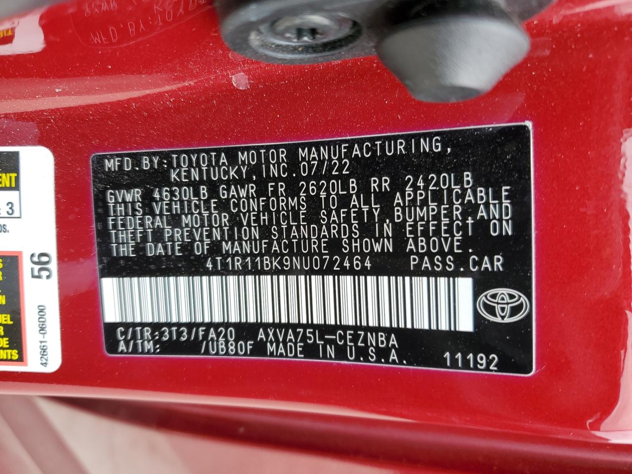 2022 TOYOTA CAMRY LE VIN:4T1R11BK9NU072464