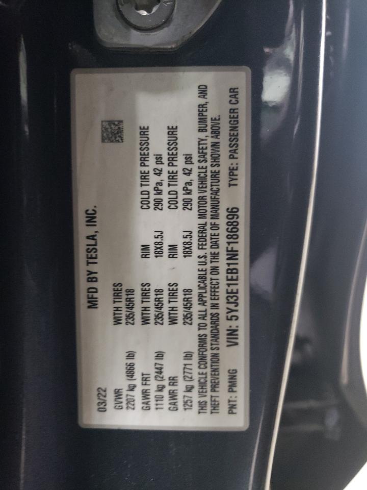 2022 TESLA MODEL 3 VIN:5YJ3E1EB1NF186896