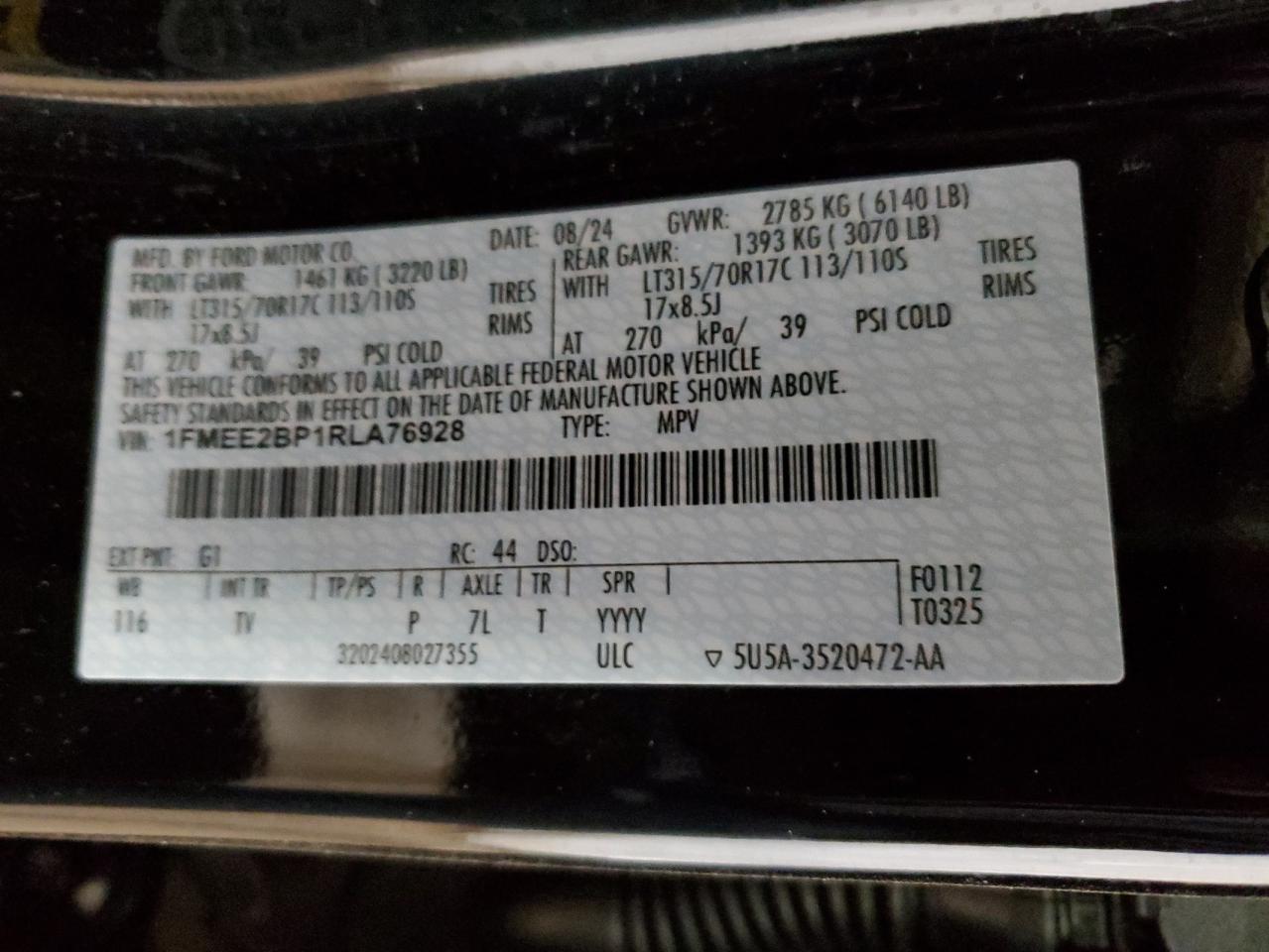 2024 FORD BRONCO WILDTRAK VIN:1FMEE2BP1RLA76928