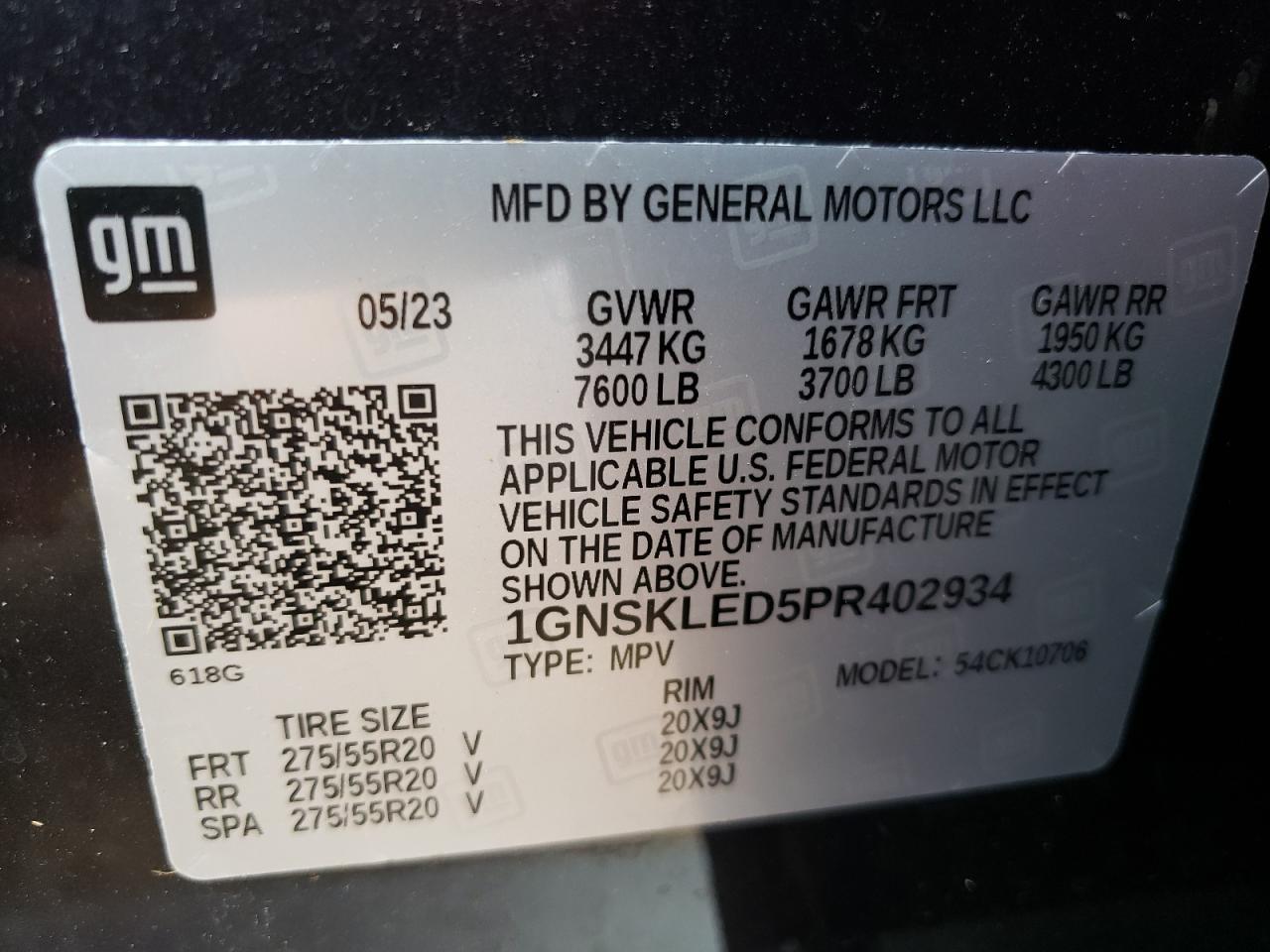 2023 CHEVROLET TAHOE K1500 VIN:1GNSKLED5PR402934