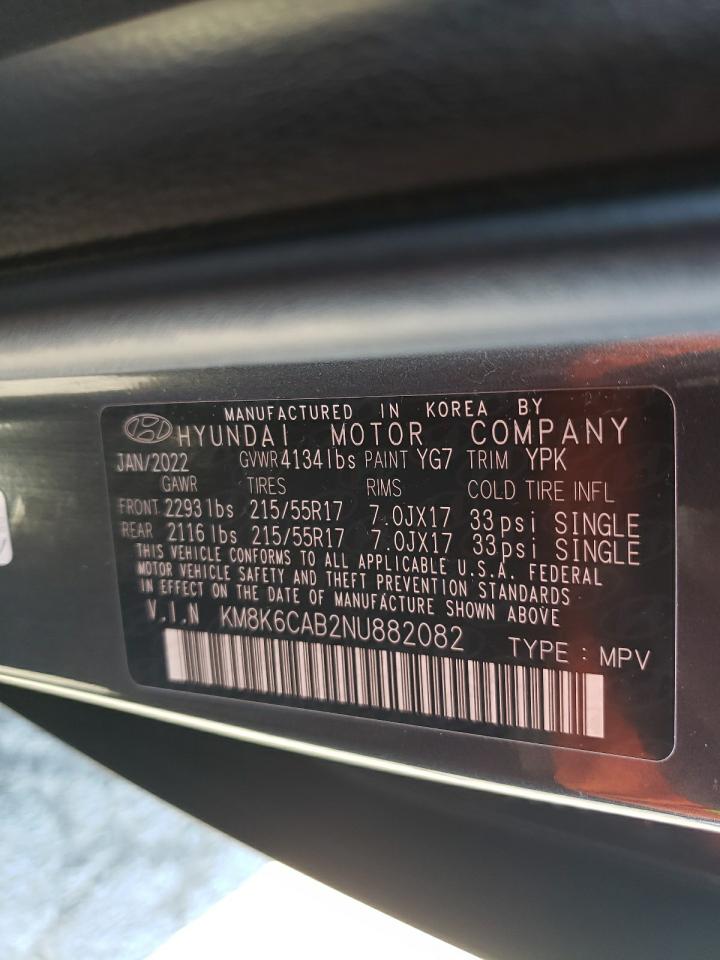 2022 HYUNDAI KONA SEL VIN:KM8K6CAB2NU882082