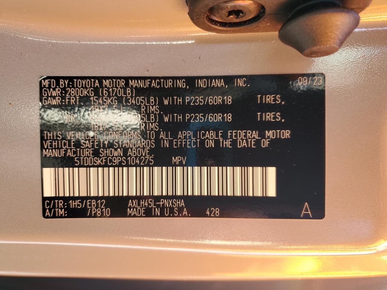 2023 TOYOTA SIENNA XSE VIN:5TDDSKFC9PS104275