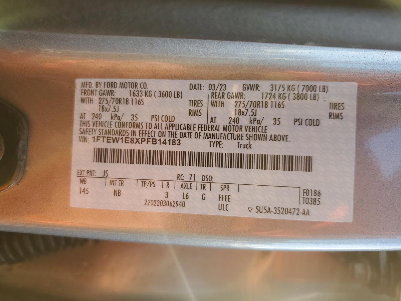 2023 FORD F150 SUPERCREW VIN:1FTEW1E8XPFB14183