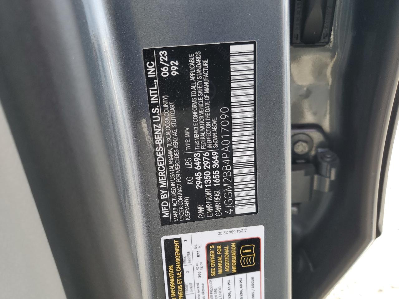 2023 MERCEDES-BENZ EQE SUV 350+ VIN:4JGGM2BB4PA017090