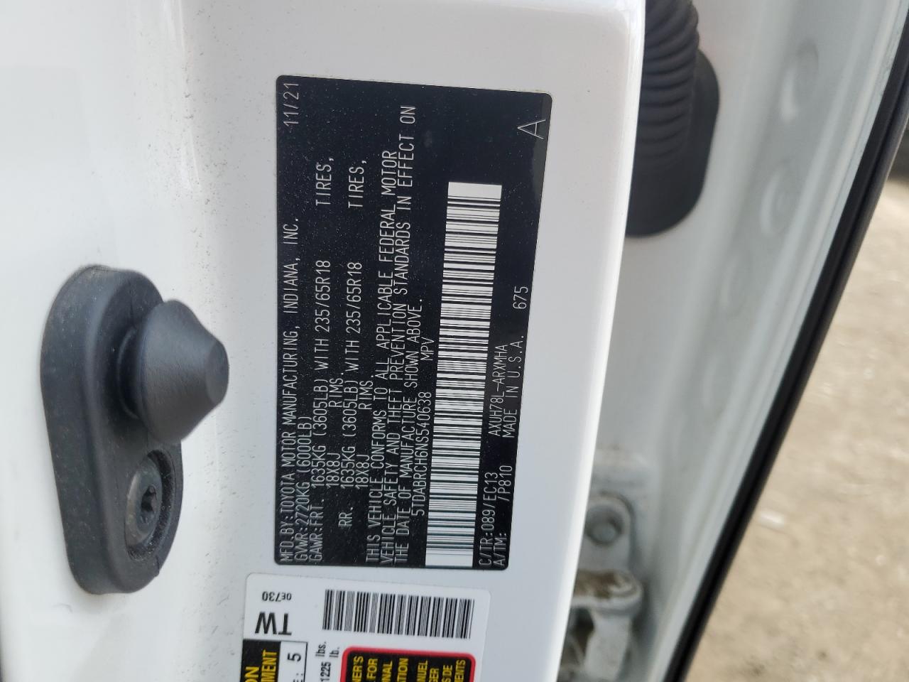 2022 TOYOTA HIGHLANDER HYBRID XLE VIN:5TDABRCH6NS540638