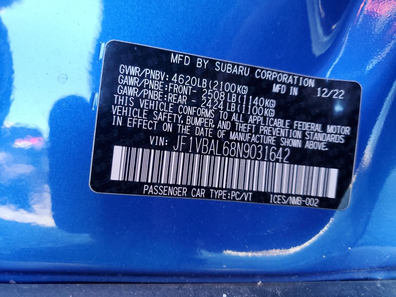 2022 SUBARU WRX LIMITED VIN:JF1VBAL68N9031642