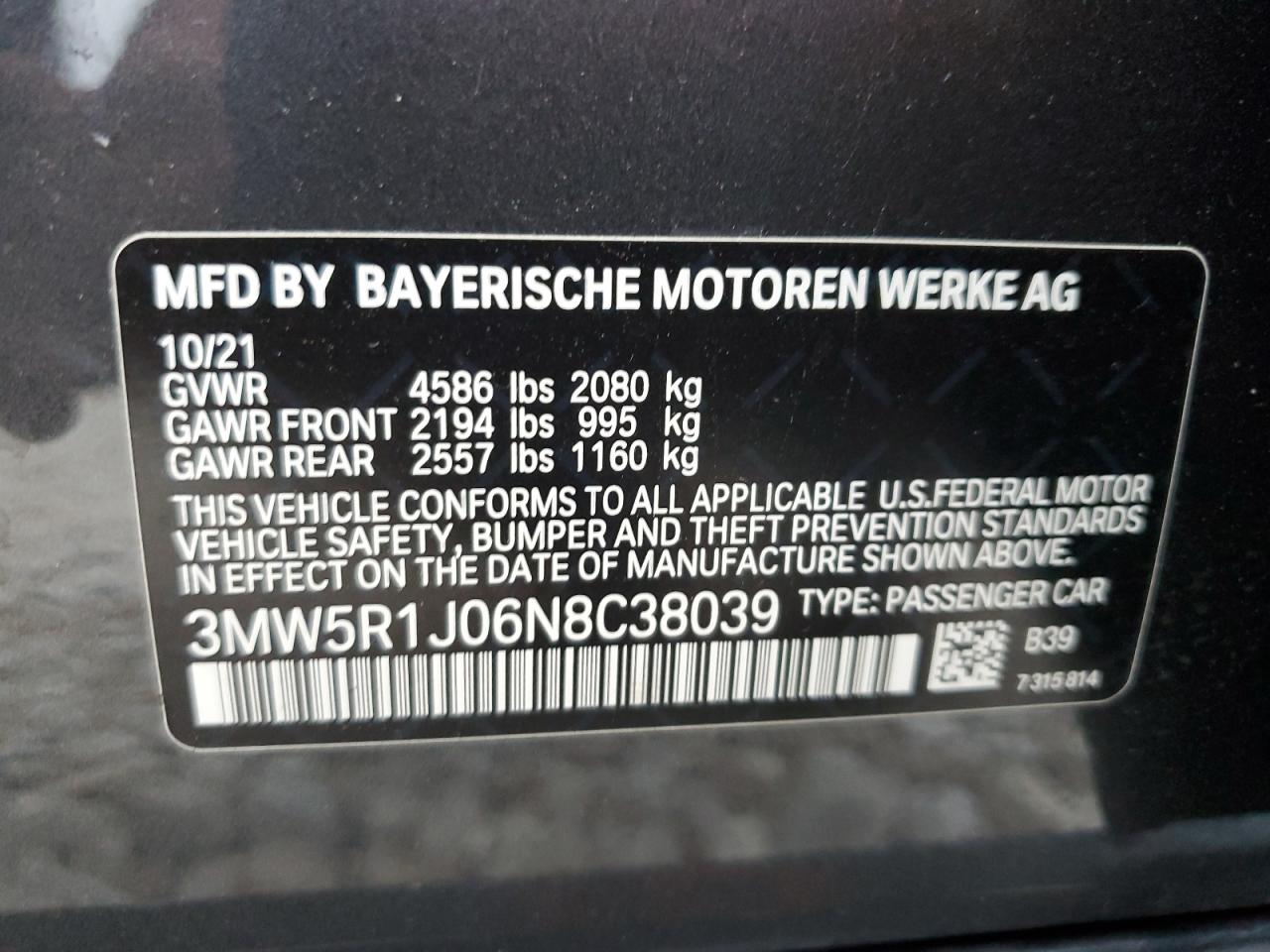 2022 BMW 330I VIN:3MW5R1J06N8C38039