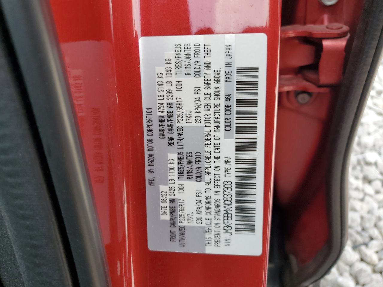 2022 MAZDA CX-5 SELECT VIN:JM3KFBBMXN0637303