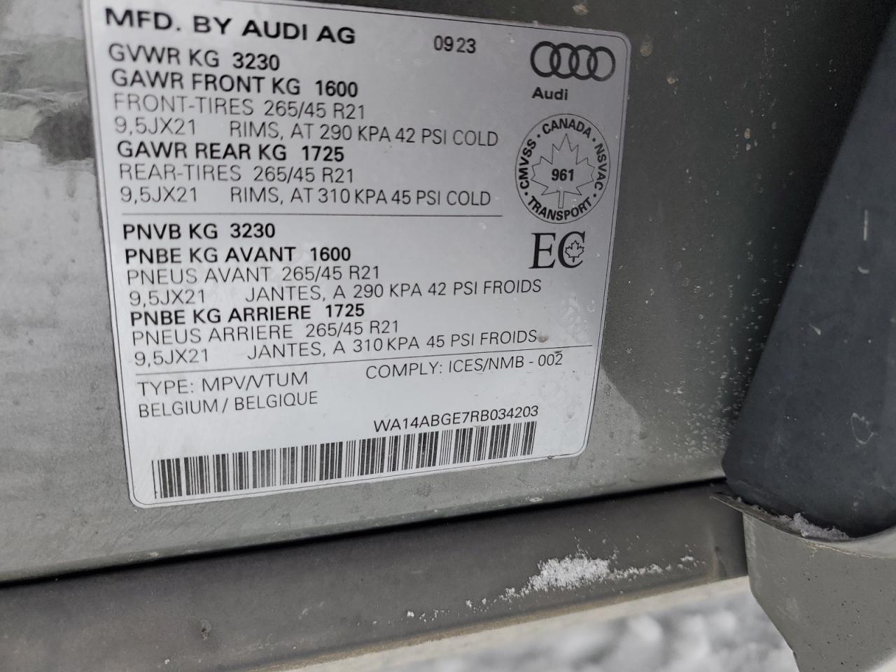 2024 AUDI Q8 E-TRON PREMIUM VIN:WA14ABGE7RB034203