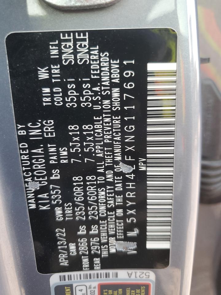 2022 KIA SORENTO EX VIN:5XYRH4LFXNG117691