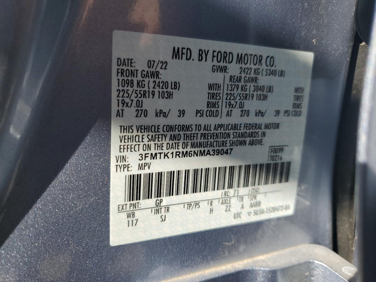 2022 FORD MUSTANG MACH-E SELECT VIN:3FMTK1RM6NMA39047