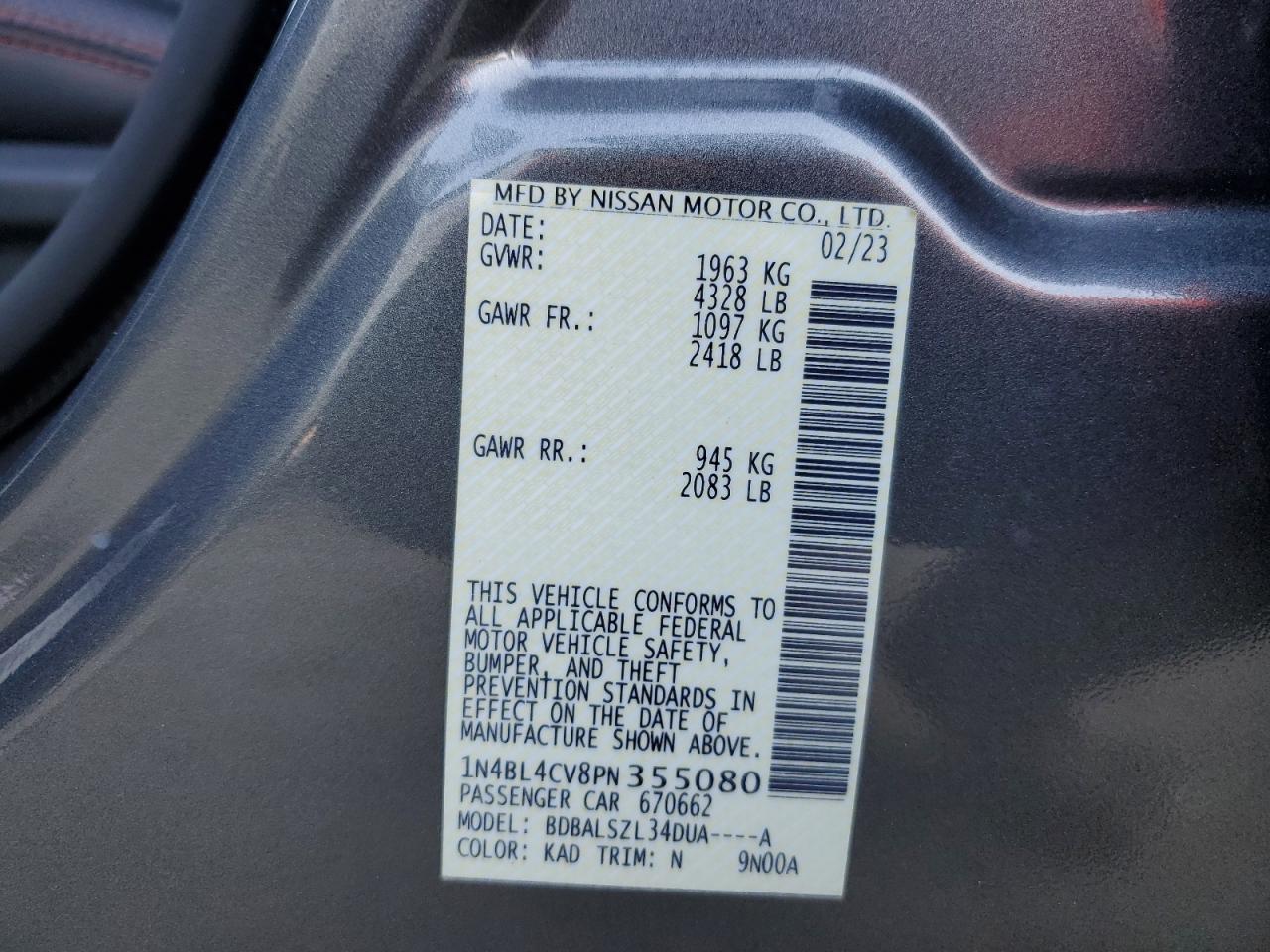 2023 NISSAN ALTIMA SR VIN:1N4BL4CV8PN355080