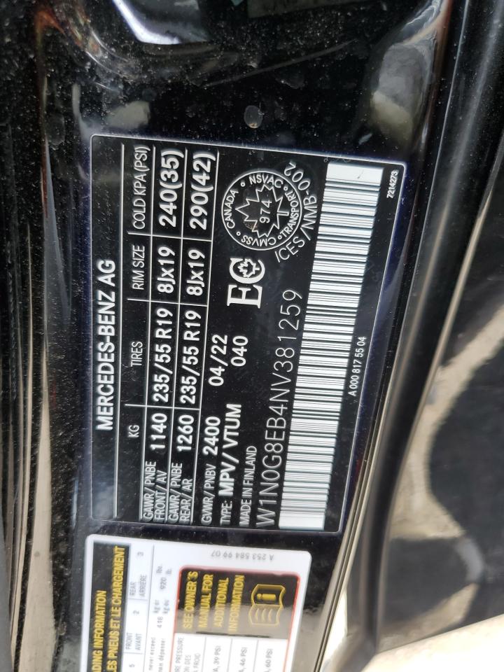 2022 MERCEDES-BENZ GLC 300 4MATIC VIN:W1N0G8EB4NV381259