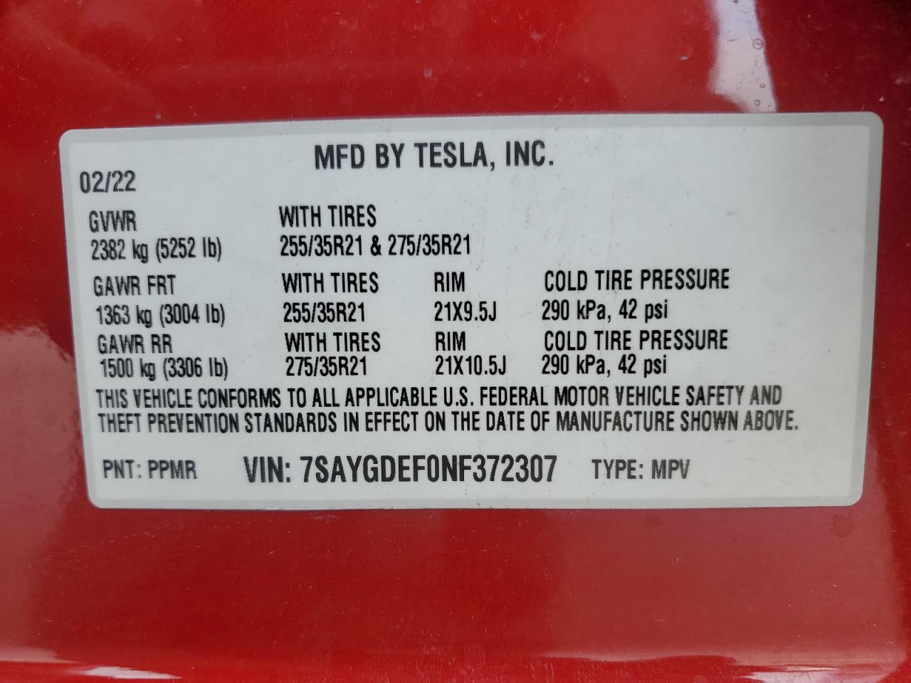 2022 TESLA MODEL Y VIN:7SAYGDEF0NF372307