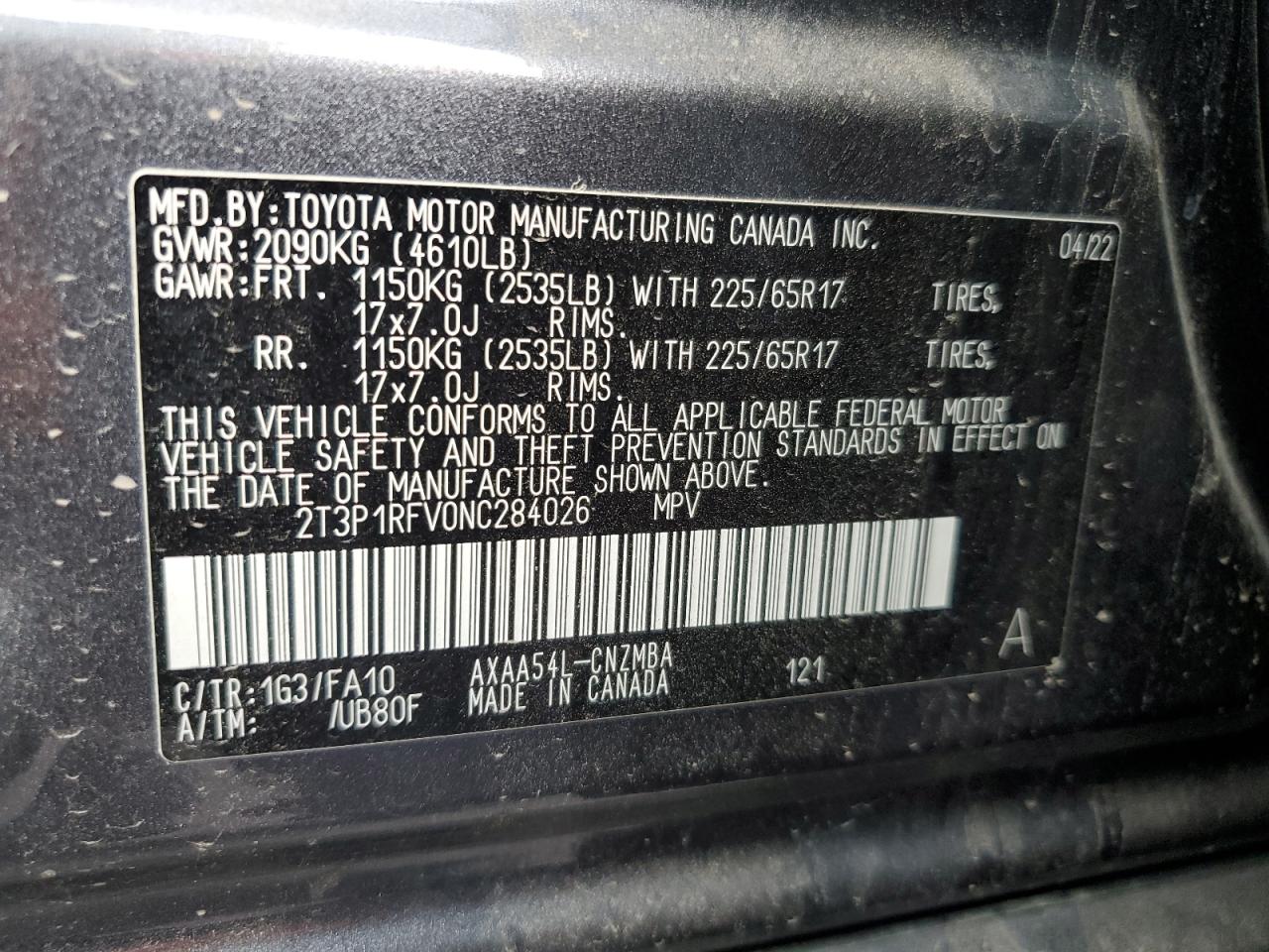 2022 TOYOTA RAV4 XLE VIN:2T3P1RFV0NC284026