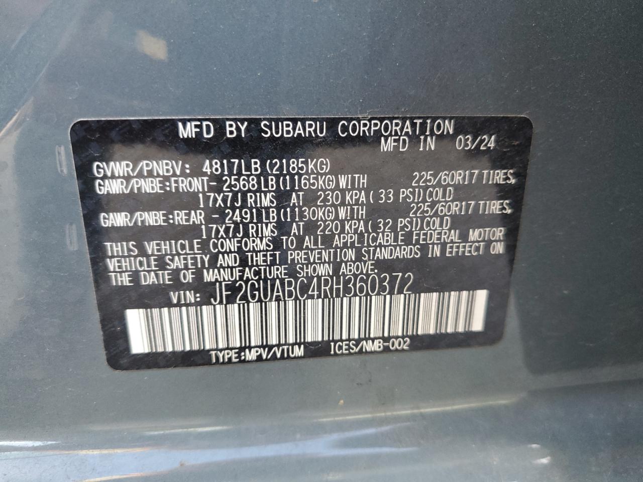 2024 SUBARU CROSSTREK VIN:JF2GUABC4RH360372