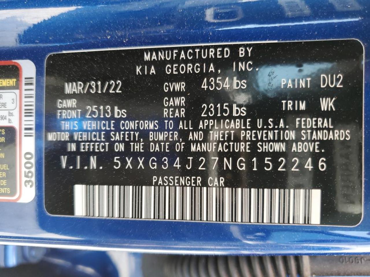 2022 KIA K5 EX VIN:5XXG34J27NG152246