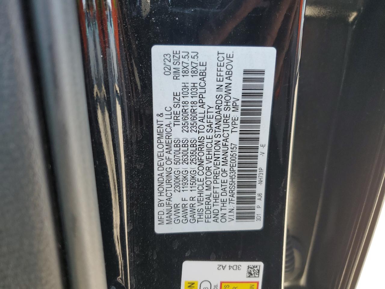 2023 HONDA CR-V SPORT VIN:7FARS5H53PE005157