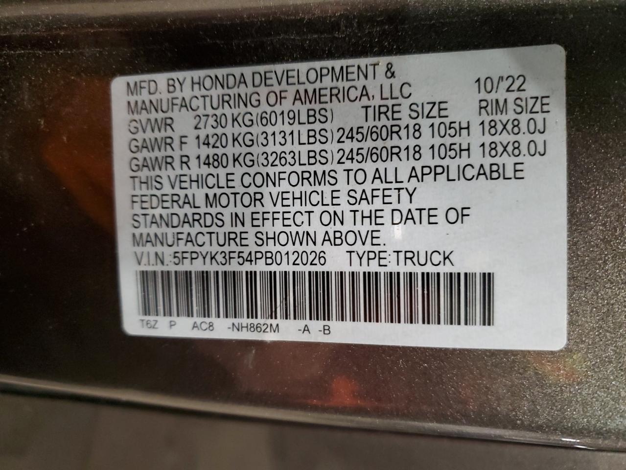 2023 HONDA RIDGELINE RTL VIN:5FPYK3F54PB012026