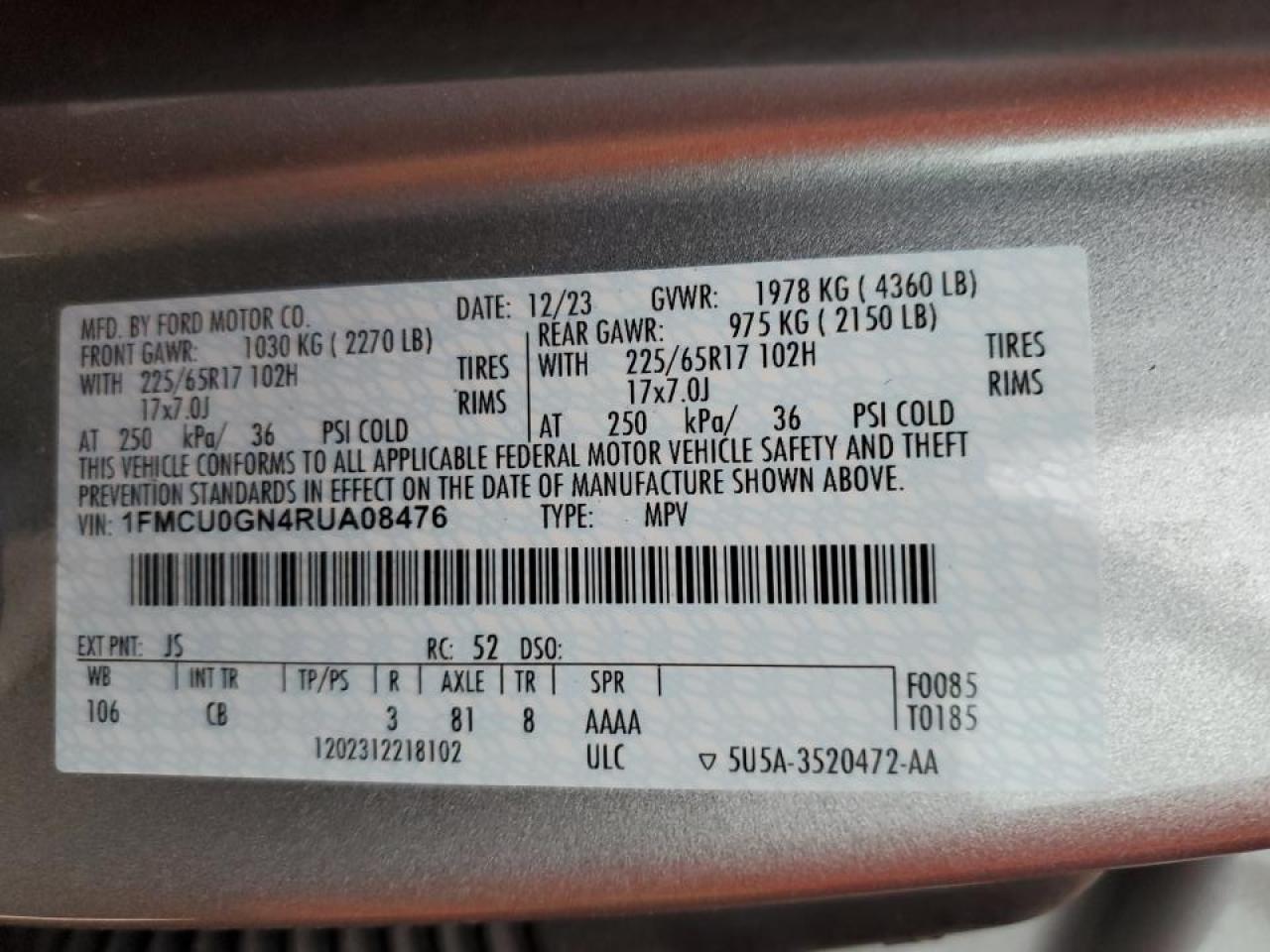2024 FORD ESCAPE ACTIVE VIN:1FMCU0GN4RUA08476