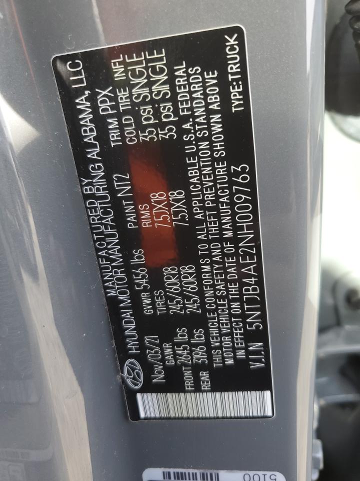 2022 HYUNDAI SANTA CRUZ SEL VIN:5NTJB4AE2NH009763