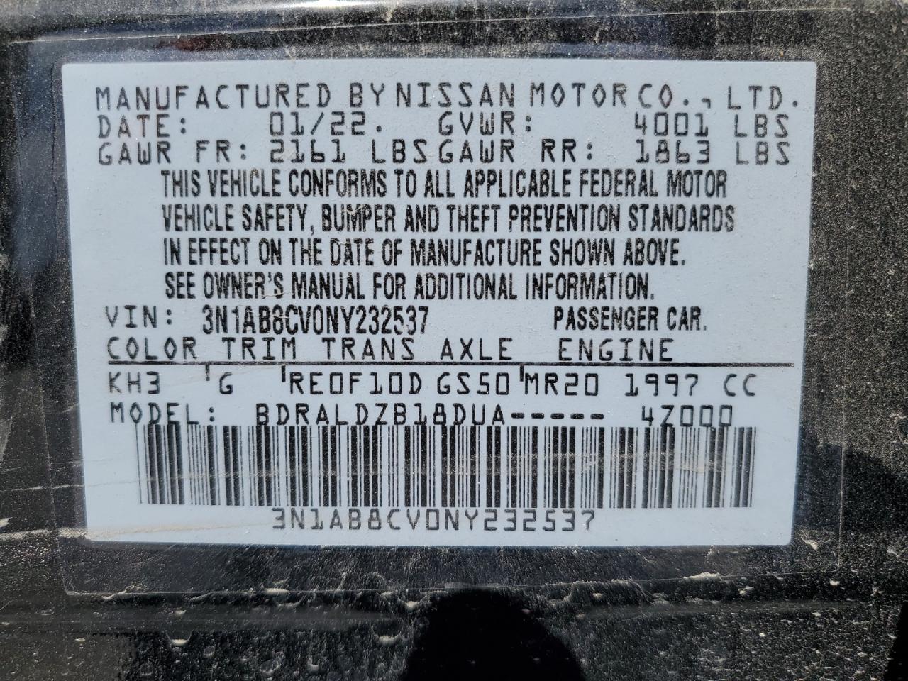 2022 NISSAN SENTRA SV VIN:3N1AB8CV0NY232537