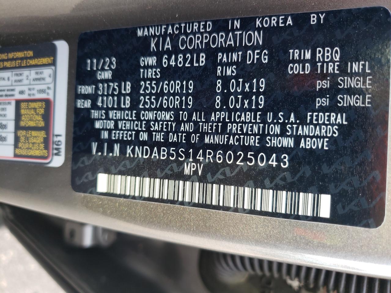 2024 KIA EV9 LIGHT VIN:KNDAB5S14R6025043