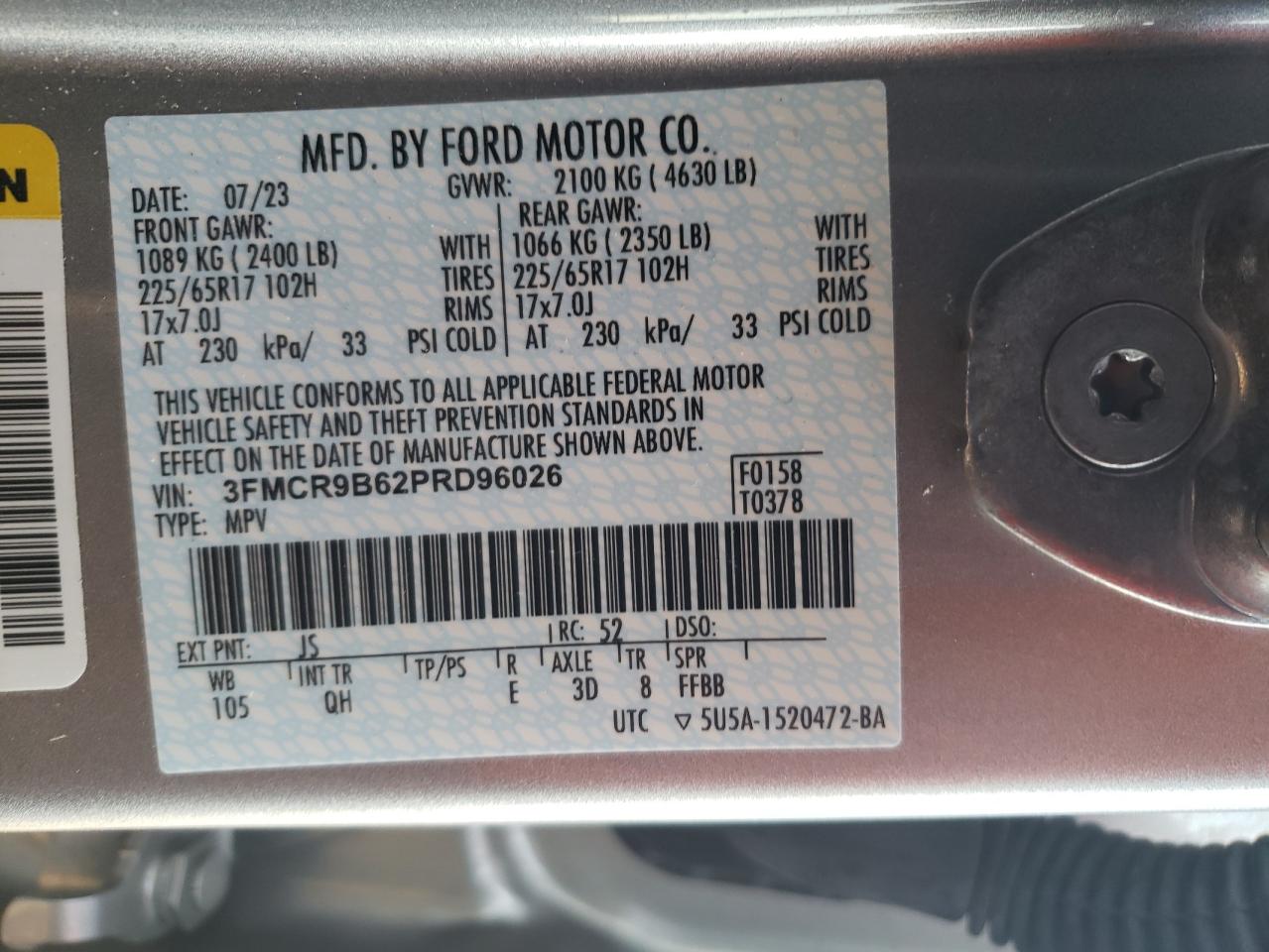 2023 FORD BRONCO SPORT BIG BEND VIN:3FMCR9B62PRD96026