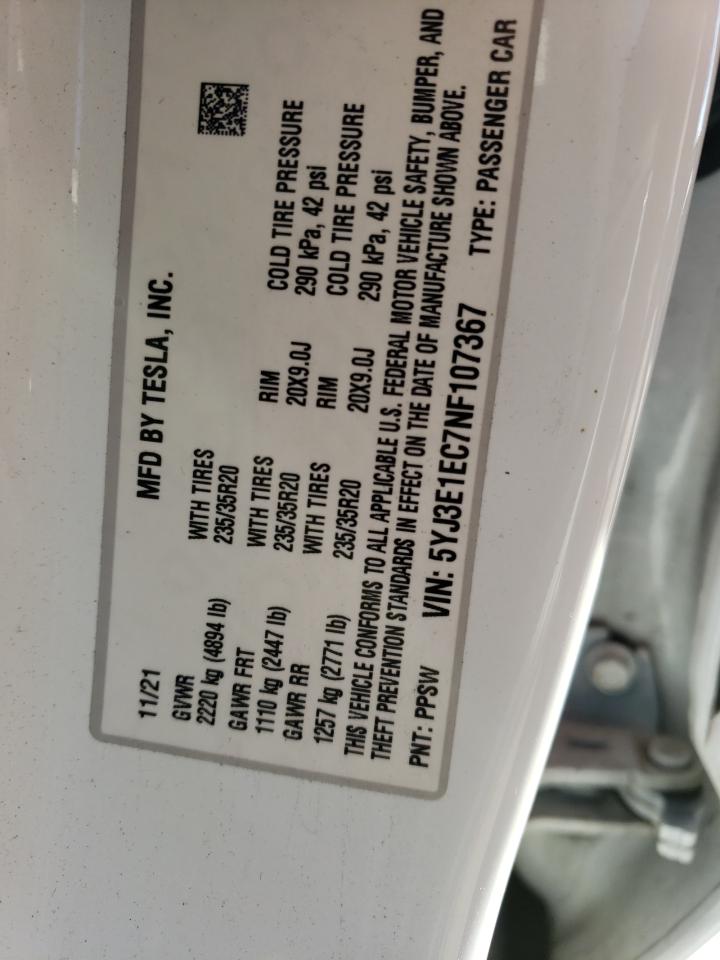 2022 TESLA MODEL 3 VIN:5YJ3E1EC7NF107367