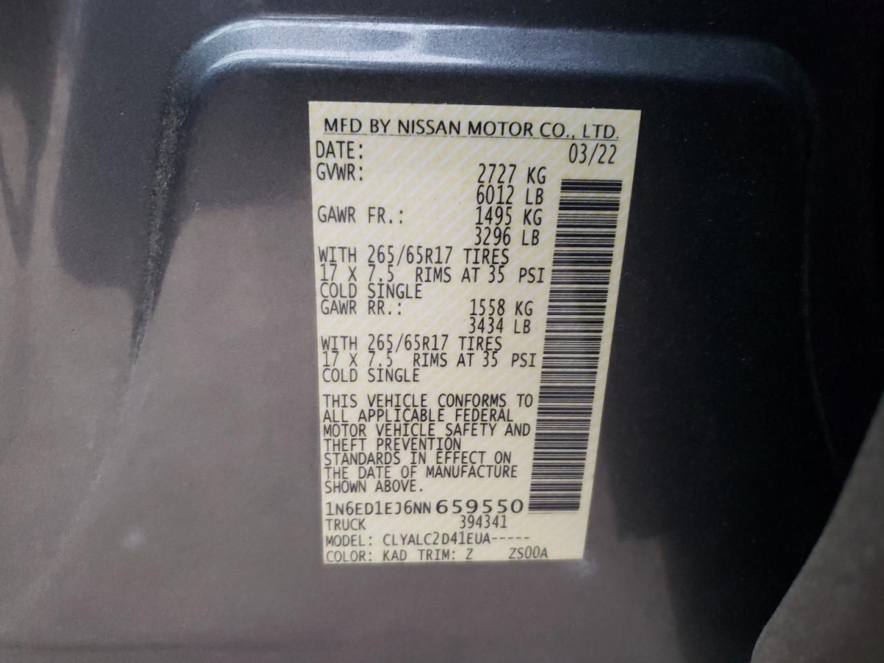 2022 NISSAN FRONTIER S VIN:1N6ED1EJ6NN659550