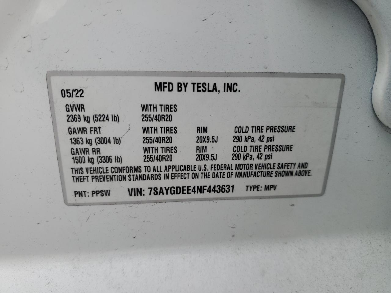 2022 TESLA MODEL Y VIN:7SAYGDEE4NF443631